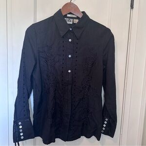 Edward Irish Linen Black Floral Embroidered Shirt with Eyelet & Tie Cuff Details